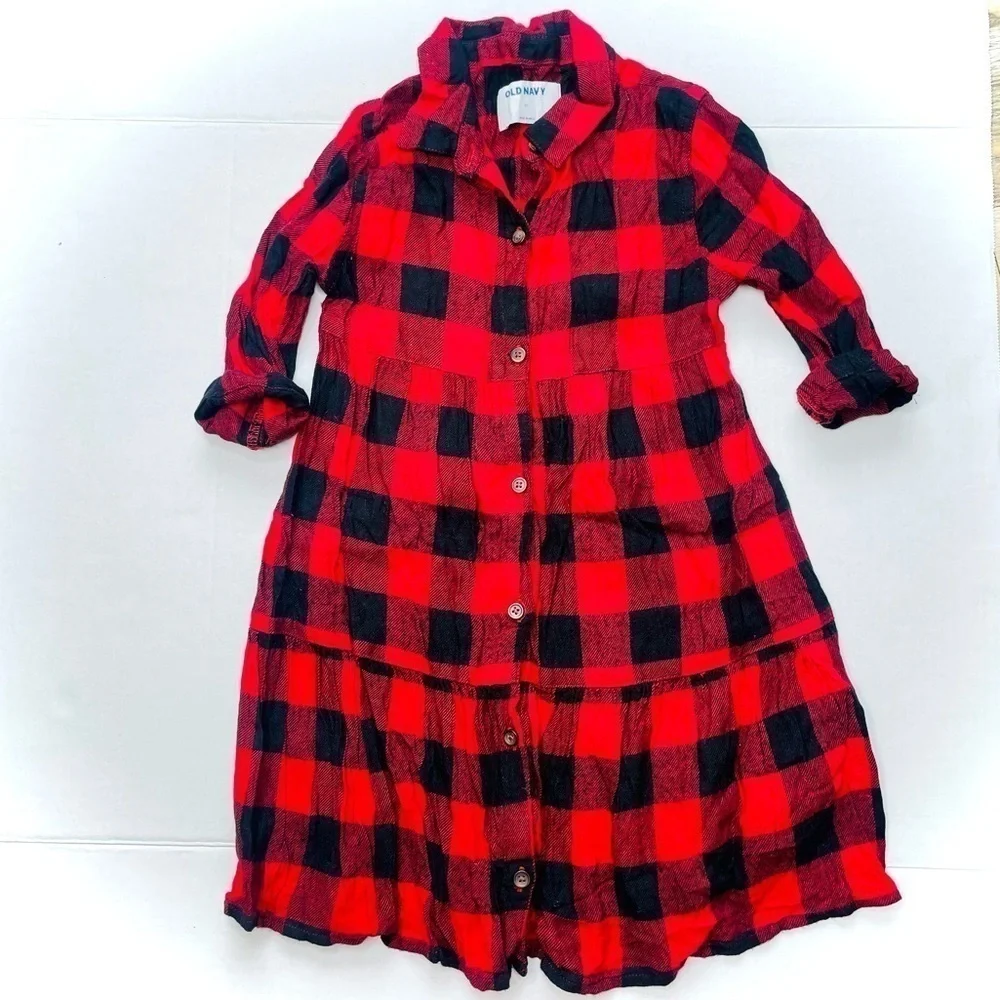 OLD Navy Buffalo Plaid Button Down Flannel Tiered Dress in Red and Black